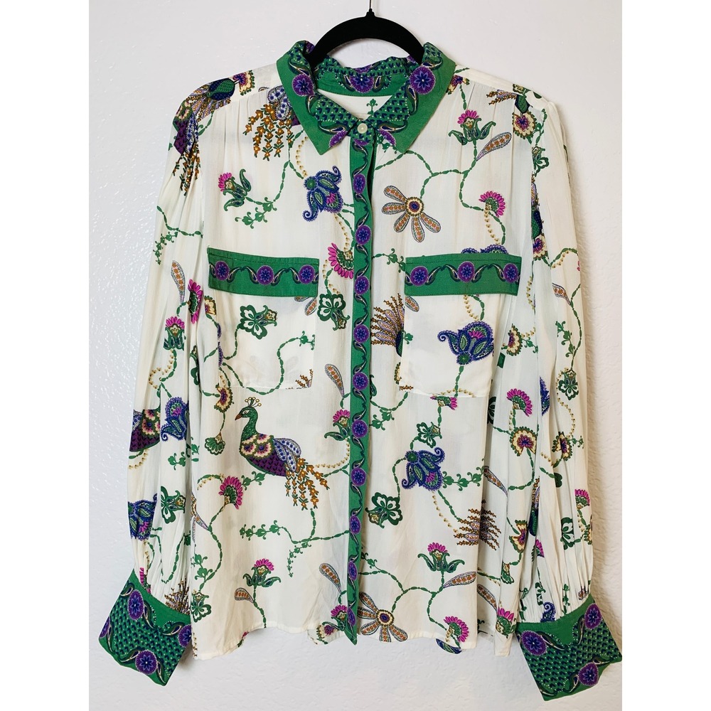 LOFT Button Down Shirt Women L White Peacock Floral Paisley Boho Blouse